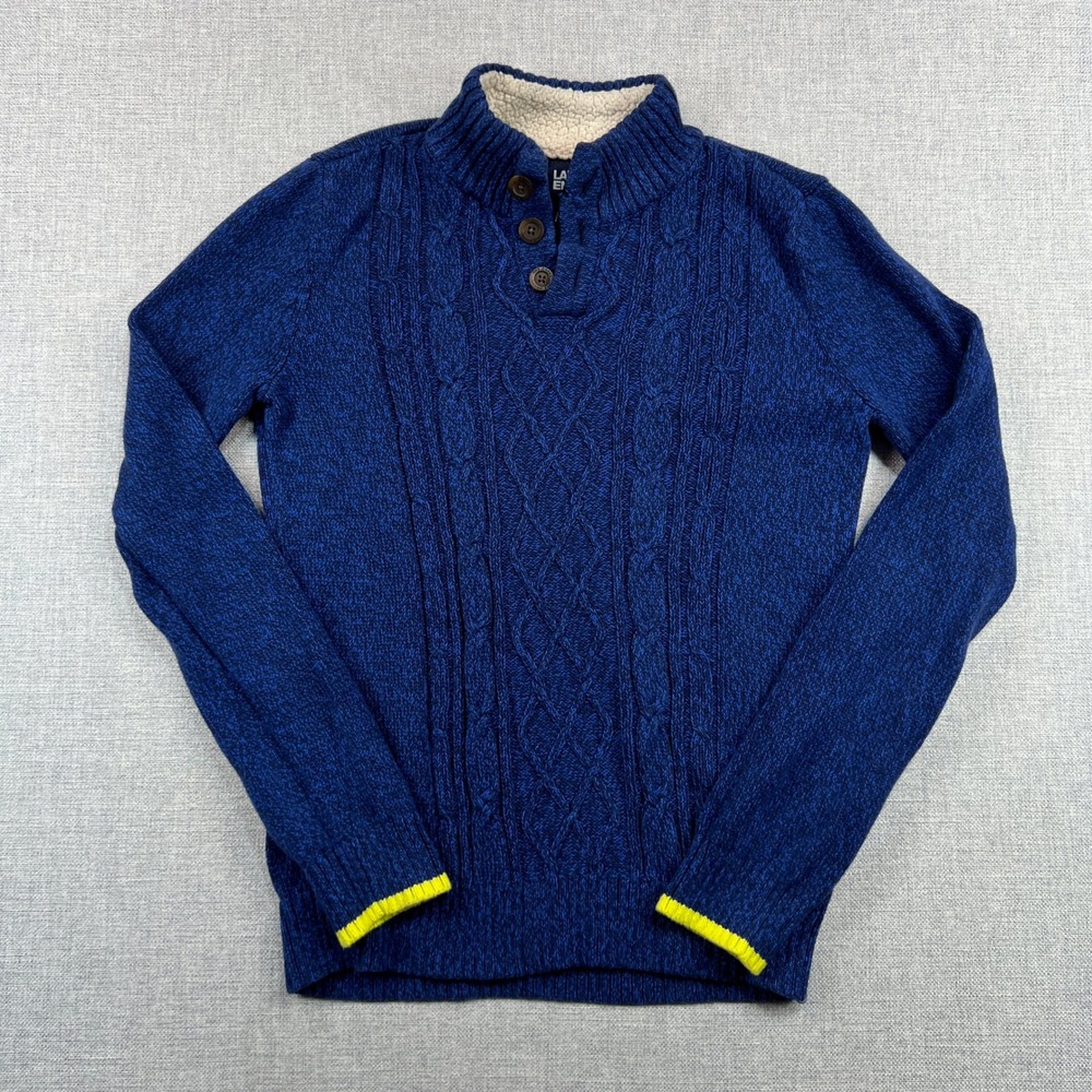 Lands End Blue Cable Knit Sherpa Lined Mock Neck Sweater Boys Size XL 14-16